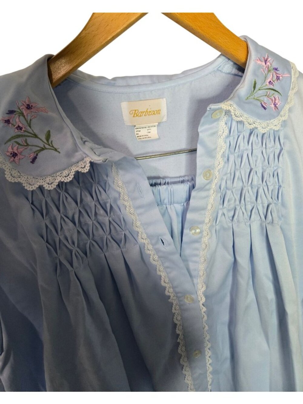 Women's Vintage Retro Barbizon Blue Pajama Set With Embroidered Collar Smocking - Picture 15 of 16